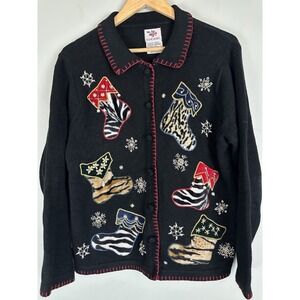 NutCracker Full Button Up Christmas Stockings Sweater Beaded M Leopard Holiday
